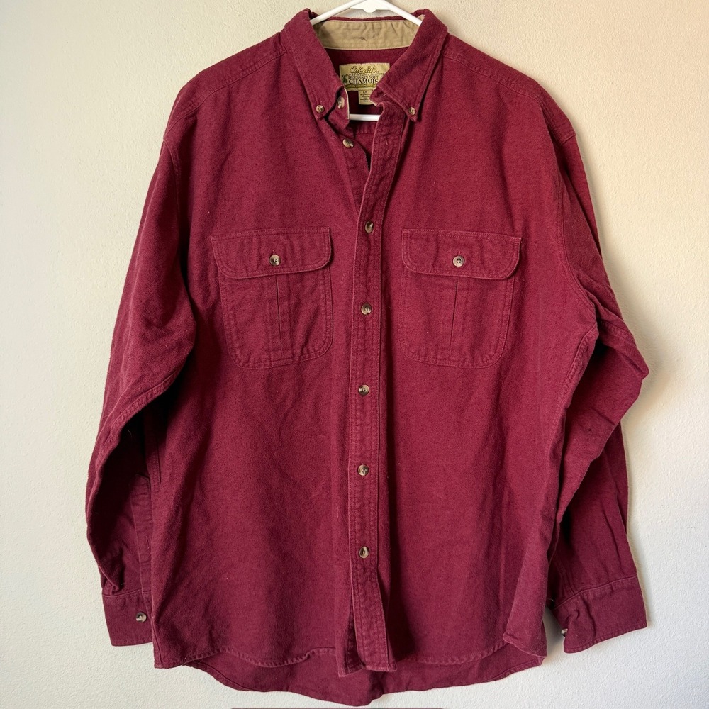 Cabelas Mens Deerskin Soft Chamois Shirt Burgundy Button Down Large Regular